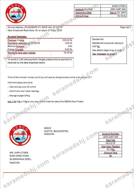 Pakistan Quetta Electric Supply Company electricity bill in Word format
